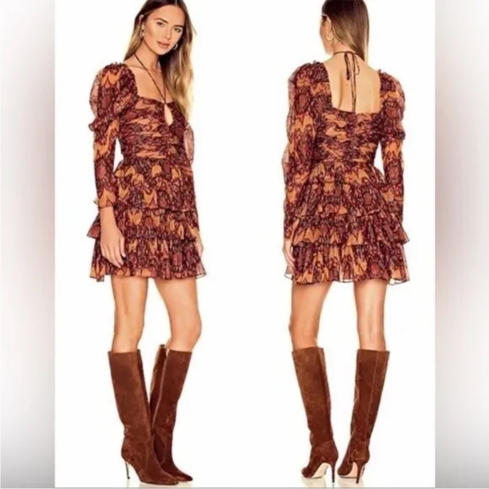 House of Harlow Printed Ruffle Puff Sleeve Mini Dress Red Gold size Small